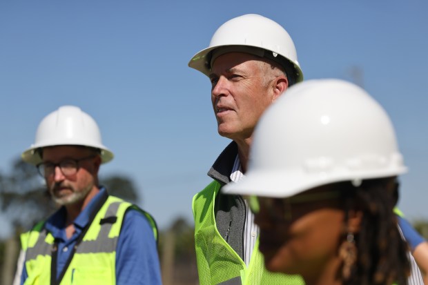Rep. Jared Huffman tours ongoing construction for the Llano Trunk Sewer Rehabilitation Project along Llano Rd after visiting the Laguna Wastewater Treatment Plant in Santa Rosa Tuesday, Sept. 23, 2025. (Beth Schlanker / The Press Democrat)