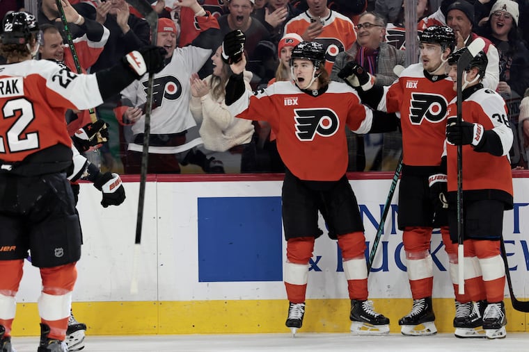 Flyers Trevor Zegras celebrates his first goal of the game in the first period of the Anaheim Ducks vs. Philadelphia Flyers NHL game at Xfinity Mobile Arena in Philadelphia on Tuesday, Jan. 6, 2026.
