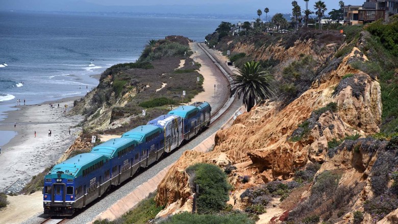 The Coaster train travels along the coast in Del Mar. Photo by Chris Stone