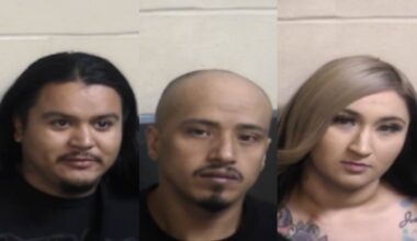 Three suspects, Luis Ramirez (left), 28, Ramiro Arevalo (center), 34, and Sabrina Puentes, 31, were arrested on Tuesday, Jan. 13, 2026, in connection with a New Year’s Day stabbing outside Bobby Salazar's that left two men injured, police said. (Fresno PD)