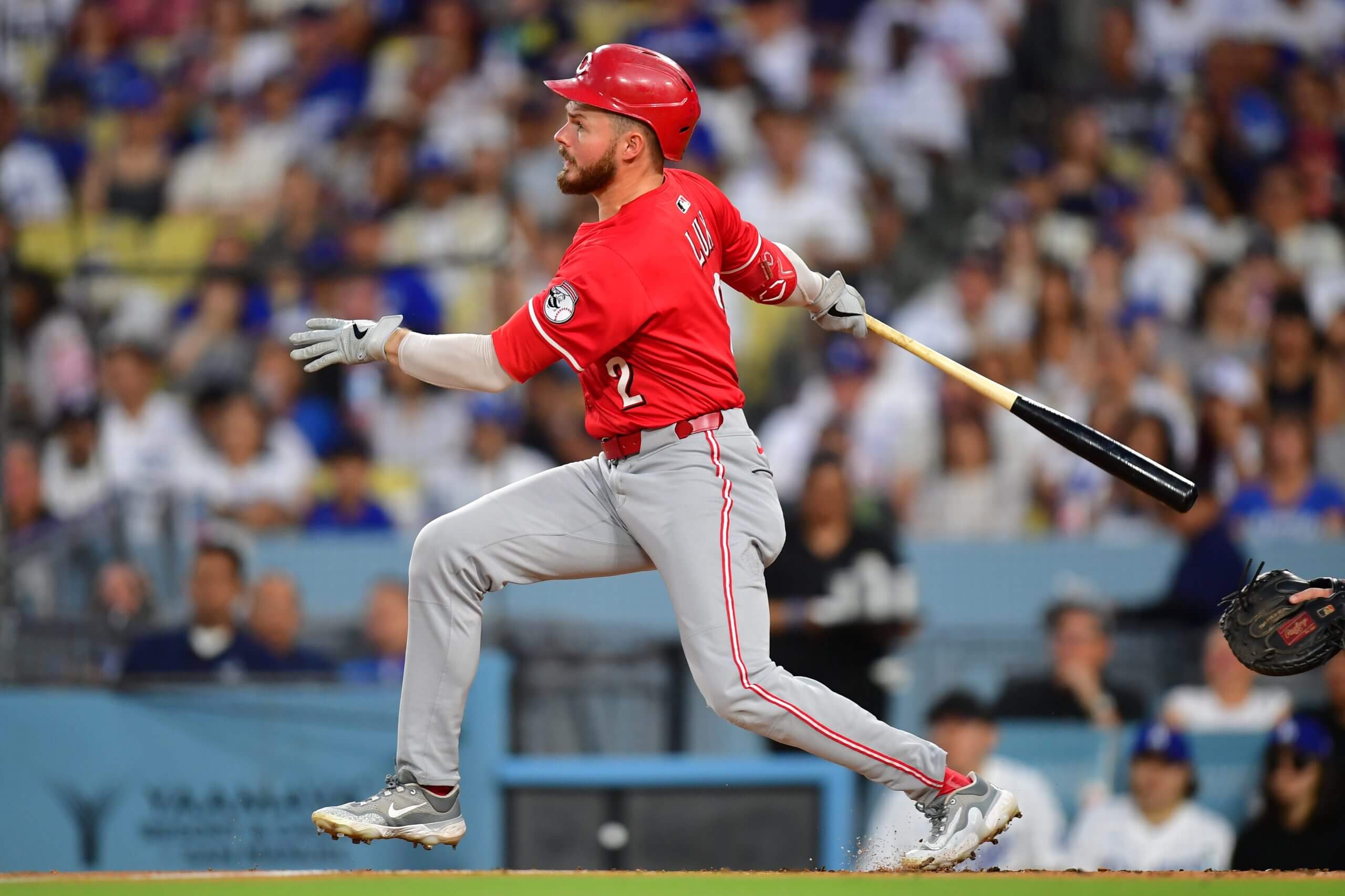 Gavin Lux hits a double against the Los Angeles Dodgers in the second inning at Dodger Stadium. 