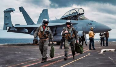PACIFIC OCEAN (Jan. 24, 2026) – U.S. Navy Lt. Patrick Urrutia, left, and U.S. Navy Lt. Jg. Gabriela Patrick depart a U.S. Navy EA-18G Growler attached to Electronic Attack Squadron (VAQ) 129 on the flight deck of the Nimitz-class aircraft carrier USS Theodore Roosevelt (CVN 71), Jan. 24, 2026. Theodore Roosevelt, flagship of Carrier Strike Group (CSG) 9, is underway conducting exercises to bolster strike group readiness and capability in the U.S. 3rd Fleet area of operations. (U.S. Navy photo by Mass Communication Specialist Seaman Apprentice Cesar Nungaray)