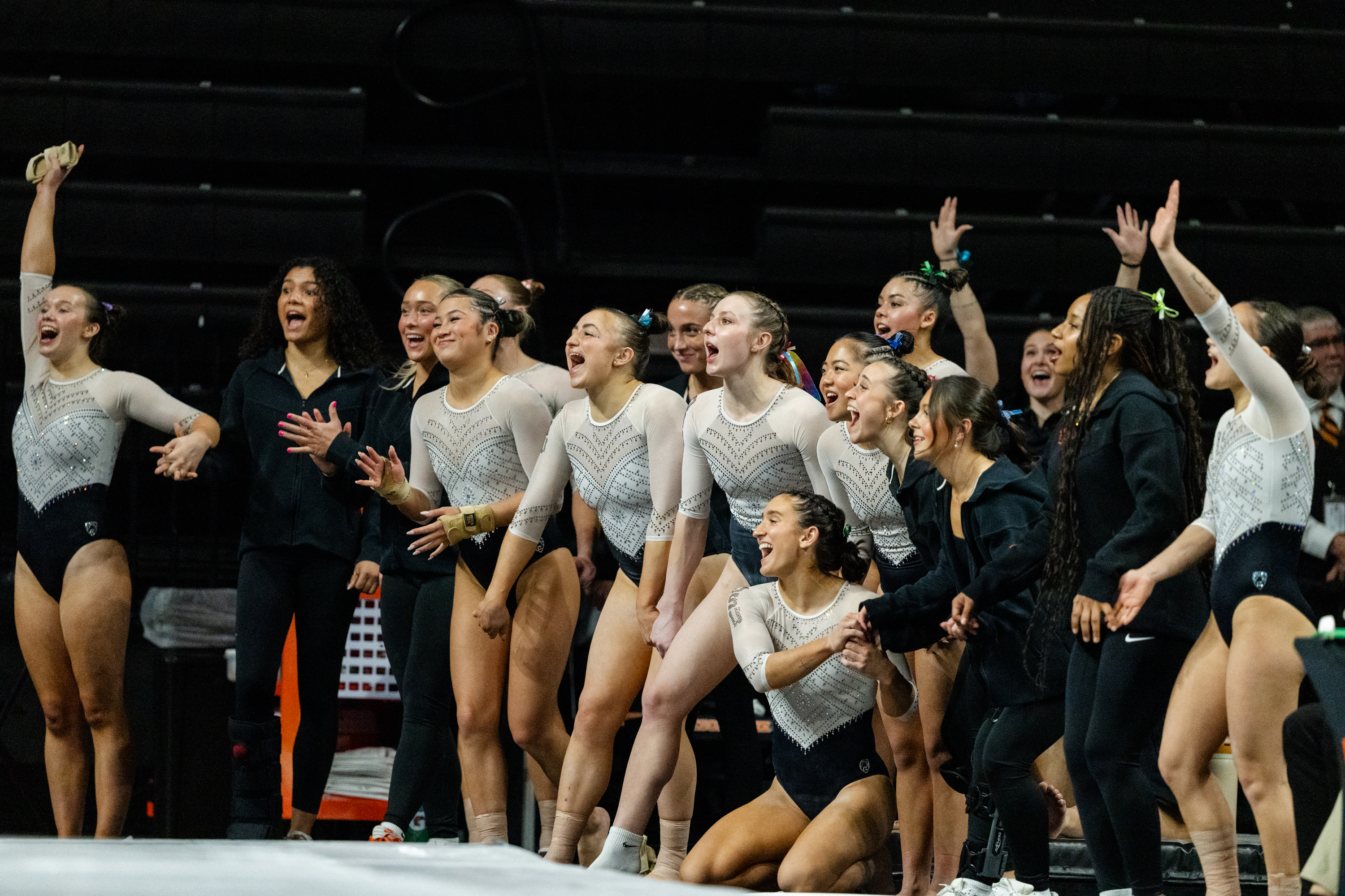 The Oregon State Beavers react after a balance beam routine during a gymnastics meet against the Sacramento State Hornets at Gill Coliseum on January 16, 2026 in Corvallis, OR.