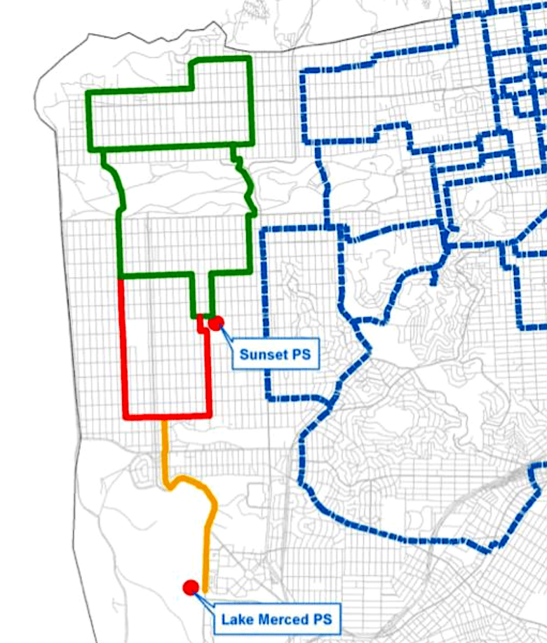 A map of San Francisco's west side with colored lines representing the current emergency water system, or AWSS, and the proposed expansion that would be built separately. 