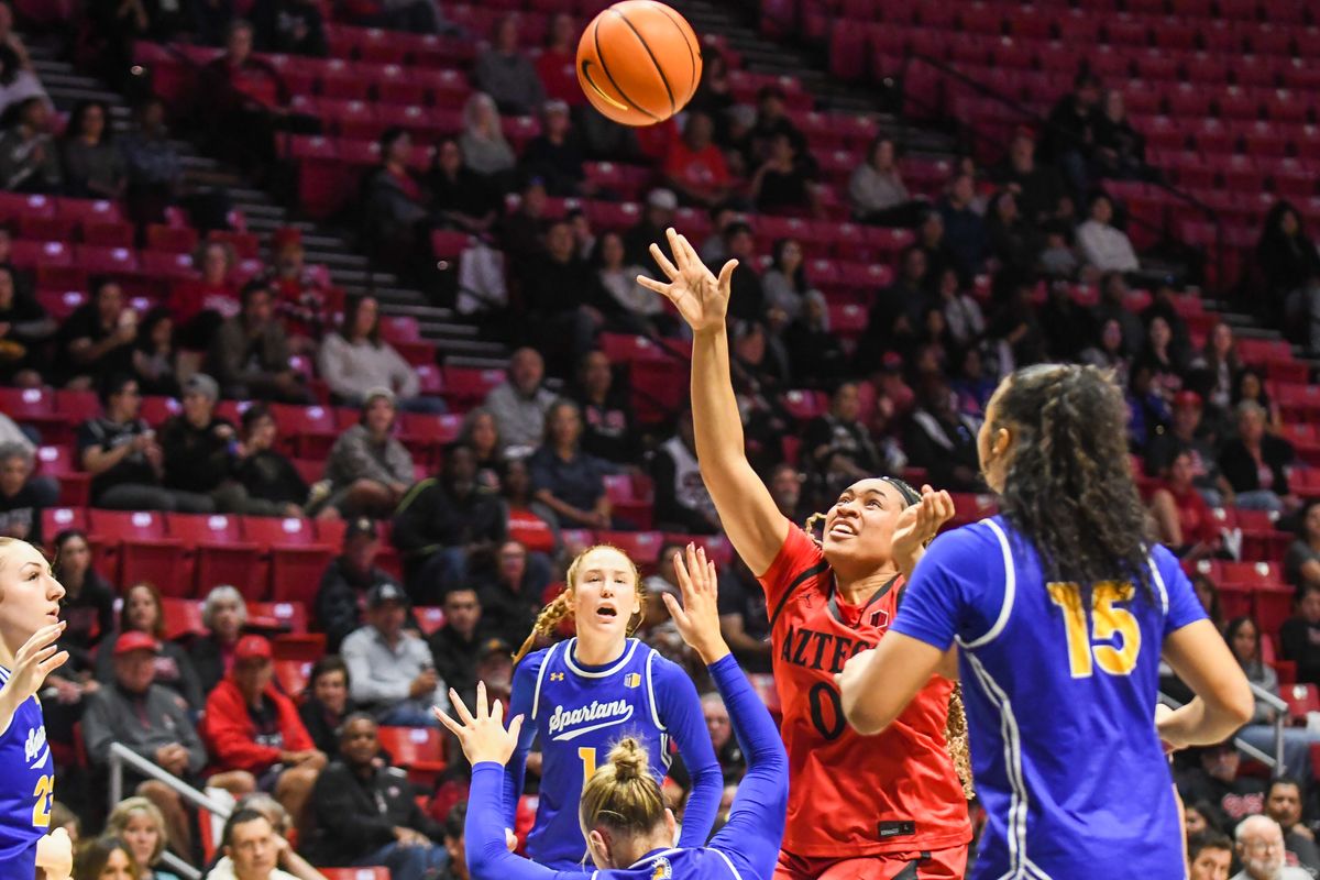  SDSU forward Kennedy Lee (0) shoots the ball  during an NCAA Women’s basketball  game against San Jose State   Saturday January 24, 2026 in  San Diego, California.