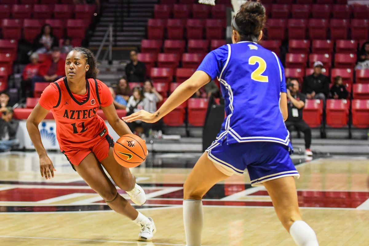 SDSU guard Kaelyn Hamilton (12) bring the ball up the floor during an NCAA Women’s basketball  game against San Jose State   Saturday January 24, 2026 in  San Diego, California.