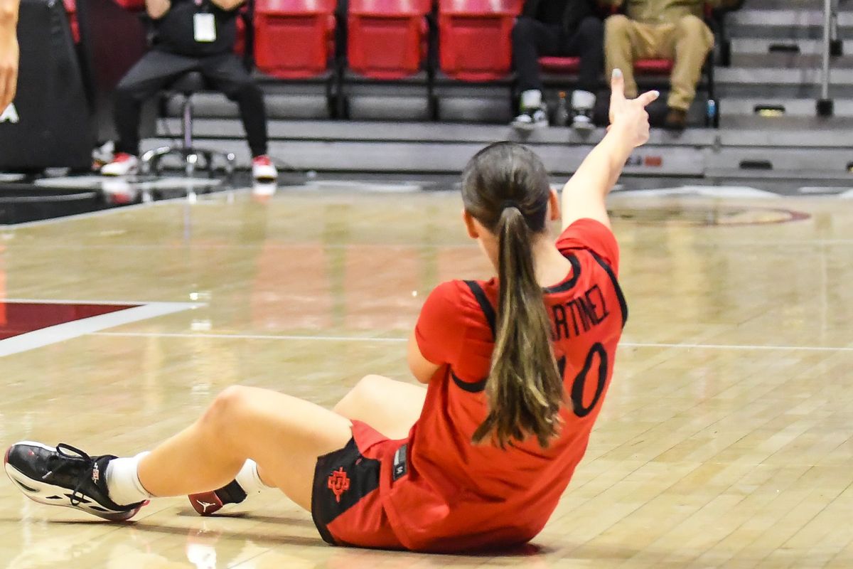 SDSU guard Nat Martinez (10) react to making a three-point shot during an NCAA Women’s basketball  game against San Jose State   Saturday January 24, 2026 in  San Diego, California.