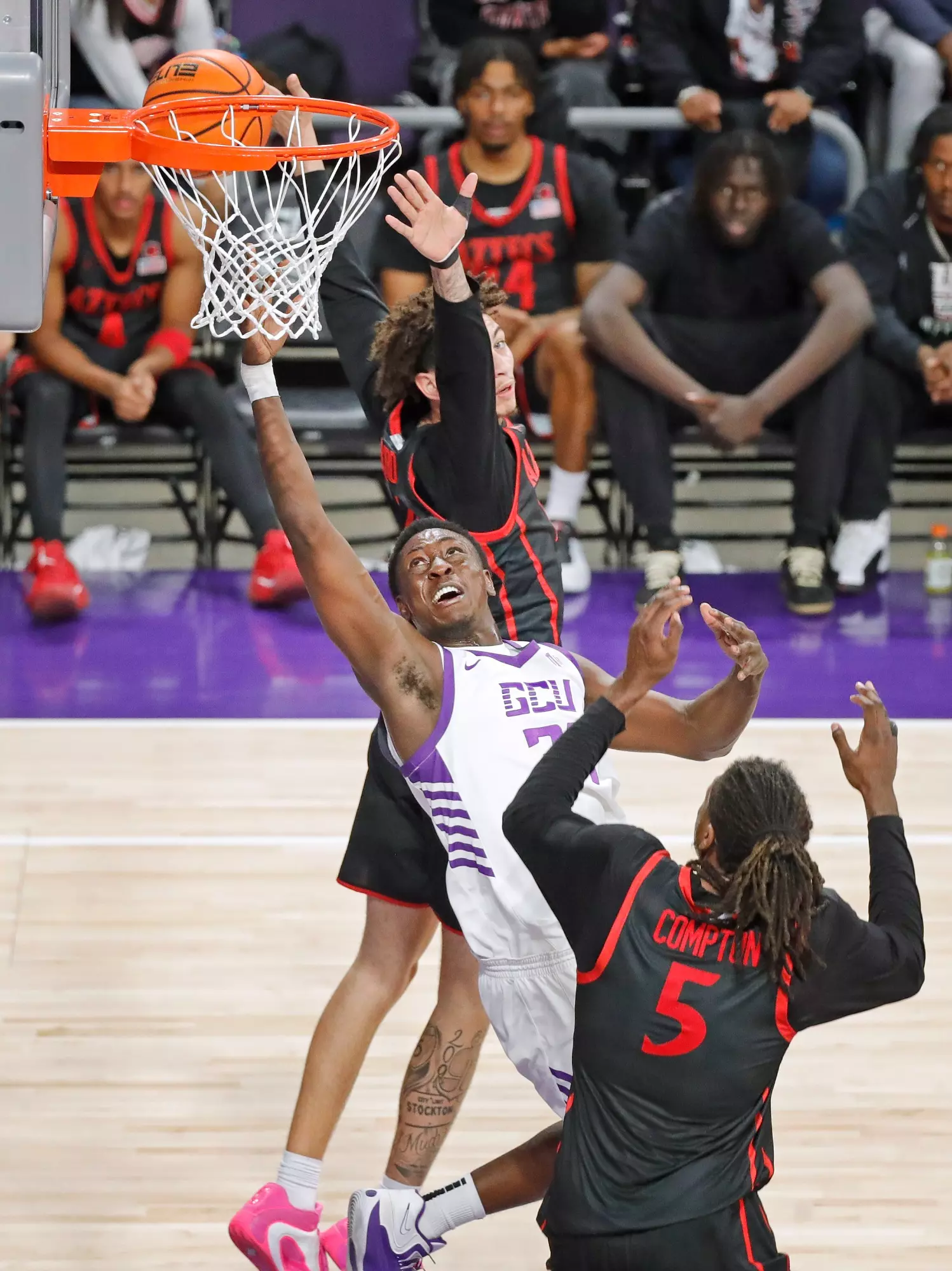 Phoenix, AZ  Jan. 21, 2026:  The Lopes win 70-69  over San Diego State at Global Credit Union Arena.   David Kadlubowski/GCU  