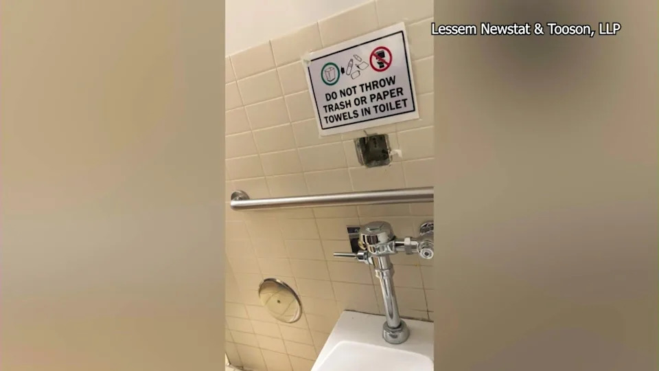 Video from a worker showed the hidden camera was found embedded in the wall above a toilet’s flushometer in a staff-only restroom at the Kaiser Permanente West Los Angeles Medical Center. (Lessem Newstat & Tooson, LLP)