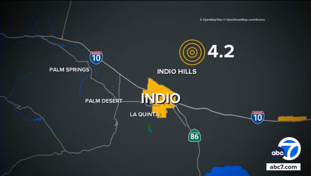 Illustration of a map showing Indio and surrounding areas, with a 4.2 magnitude earthquake centered near Indio Hills.