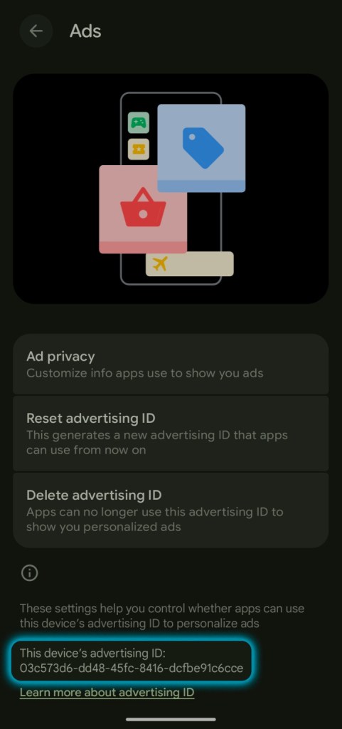 Ads settings screen with options for ad privacy and advertising ID management.