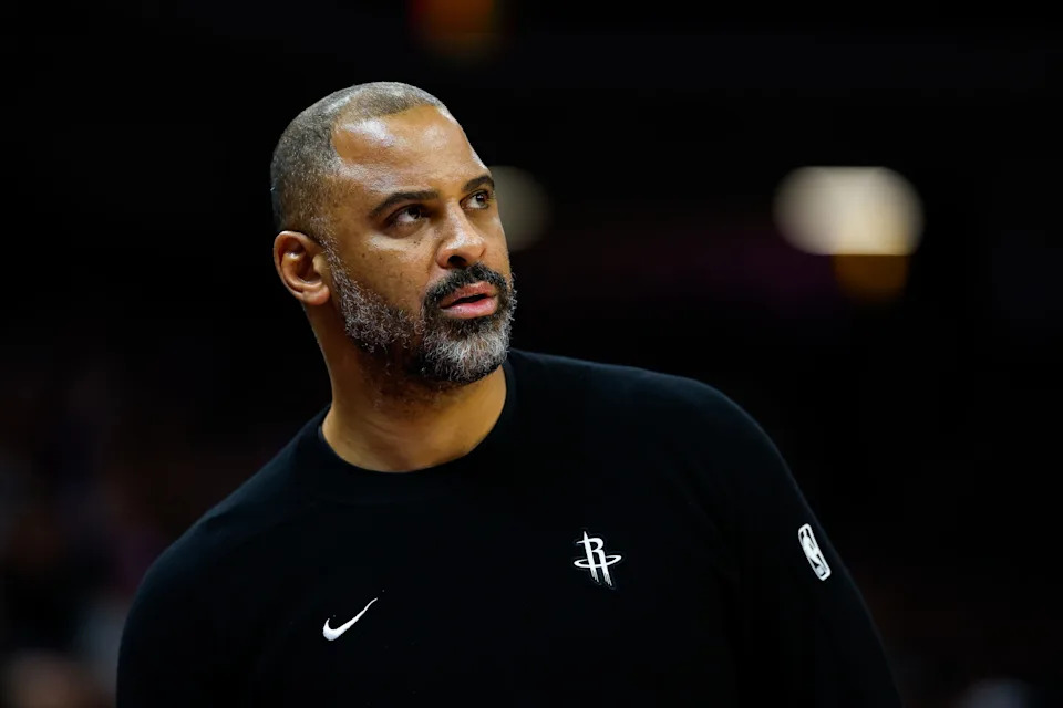 Dec 21, 2025; Sacramento, California, USA; Houston Rockets head coach Ime Udoka looks on during the second quarter against the Sacramento Kings at Golden 1 Center. Mandatory Credit: Sergio Estrada-Imagn Images