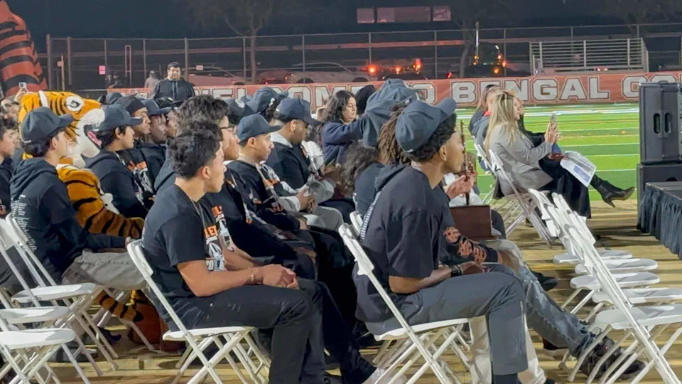 The Central East football team at a rally at Koligian Stadium on Thursday, Jan. 15, 2026.