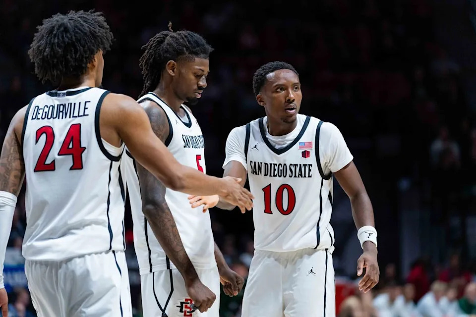 San Diego State guard BJ Davis (10) high fives guard Taj DeGourville (24) during an NCAA Basketball game between Colorado State and San Diego State, Wednesday January 28, 2026 at Viejas Arena in San Diego, Calif.