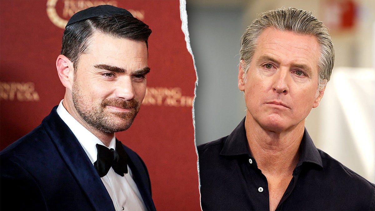 A split-screen image showing conservative commentator Ben Shapiro on the left and California Gov. Gavin Newsom on the right.