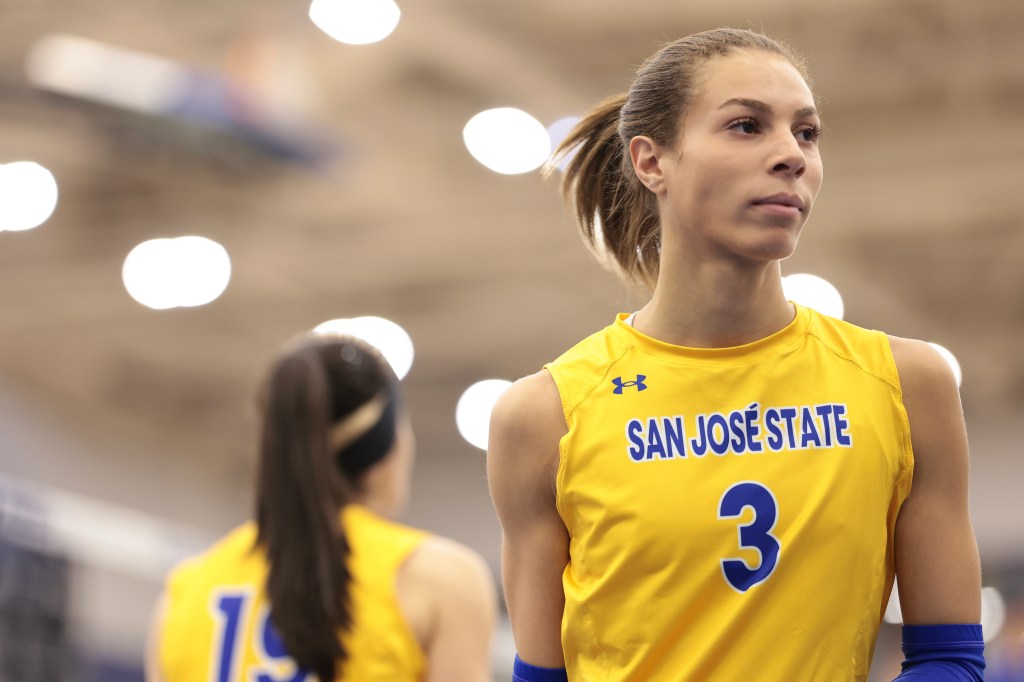 Blaire Fleming, #3 of the San Jose State Spartans, looking on.