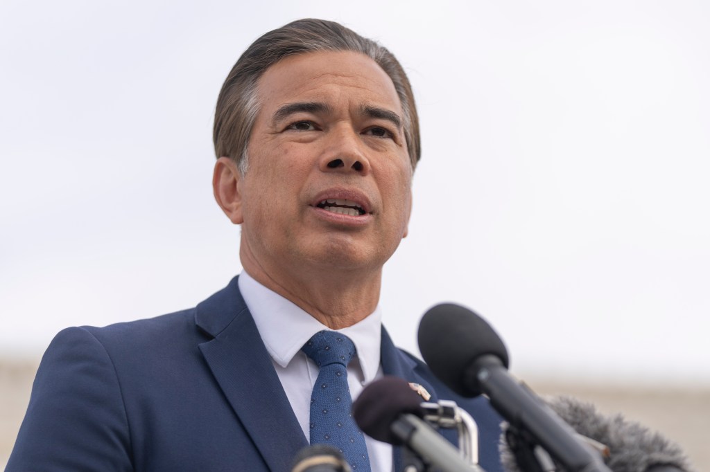 California Attorney General Rob Bonta speaks to reporters.