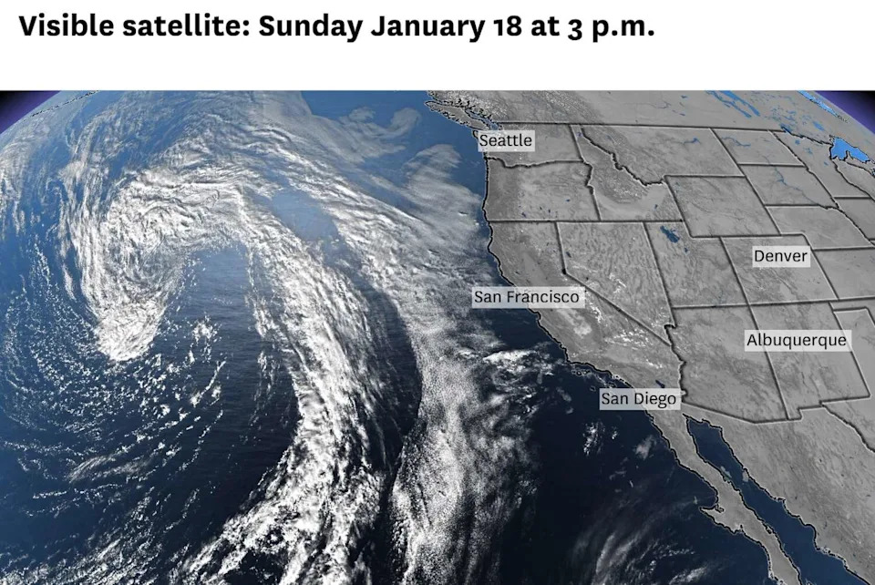 A low-pressure system over the eastern Pacific Ocean is predicted to cut off from the jet stream as it approaches California this week. It may generate a few light rain showers, most likely south of the Bay Area. (Baron/Lynx)