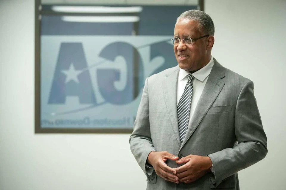 Loren Blanchard, University of Houston-Downtown president, visits with members of the school's Student Government Association on Friday, June 25, 2021, in Houston. (Mark Mulligan, Houston Chronicle / Staff photographer)