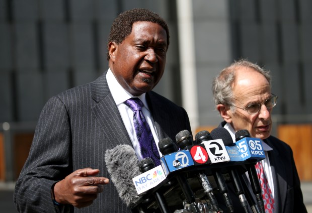 Civil rights attorneys John Burris, left, and Jim Chanin speak after a federal hearing at the Phillip Burton Federal Building and United States Courthouse in San Francisco, Calif., on Monday, July 10, 2017. Oakland Mayor Libby Schaaf, police Chief Anne Kirkpatrick and City Administrator Sabrina Landreth attended the hearing to respond to criticism over the police department's handling of an underage sex scandal case. (Jane Tyska/Bay Area News Group)