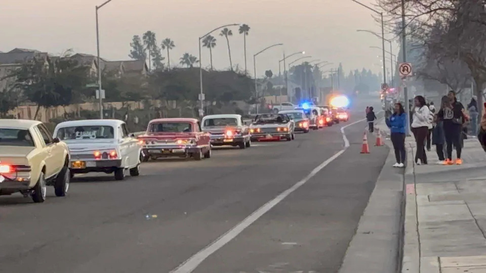 Classic cars drive down on Bryan Avenue to celebrate Central East’s football state championship on Thursday, Jan. 15, 2026.