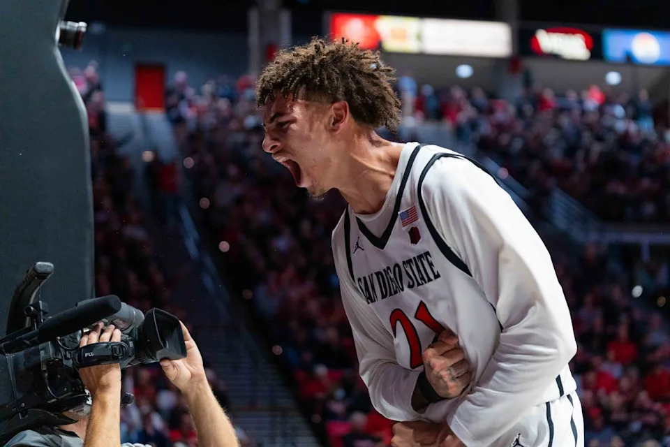 San Diego State guard Miles Byrd (21) celebrates a dunk during an NCAA Basketball game between Colorado State and San Diego State, Wednesday January 28, 2026 at Viejas Arena in San Diego, Calif.