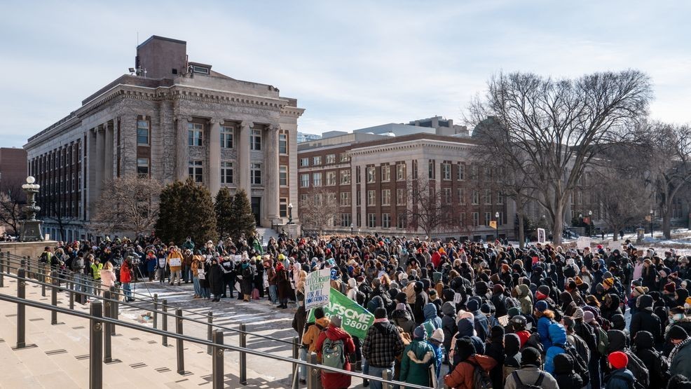 MINNEAPOLIS, MINNESOTA - JANUARY 26: Students protest against ICE during a walkout at the University of Minnesota on January 26, 2026 in Minneapolis, Minnesota. Protests and demonstrations continue around Minneapolis in the aftermath of the killings of Alex Pretti and Rene Nicole Good by federal law enforcement. (Photo by Brandon Bell/Getty Images)