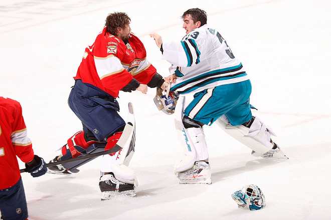 SUNRISE, FLORIDA - JANUARY 19: Goaltender Sergei Bobrovsky #72 of the Florida Panthers fights with Goaltender Alex Nedeljkovic #33 of the San Jose Sharks at the Amerant Bank Arena on January 19, 2026 in Sunrise, Florida. (Photo by Eliot J. Schechter/NHLI via Getty Images)