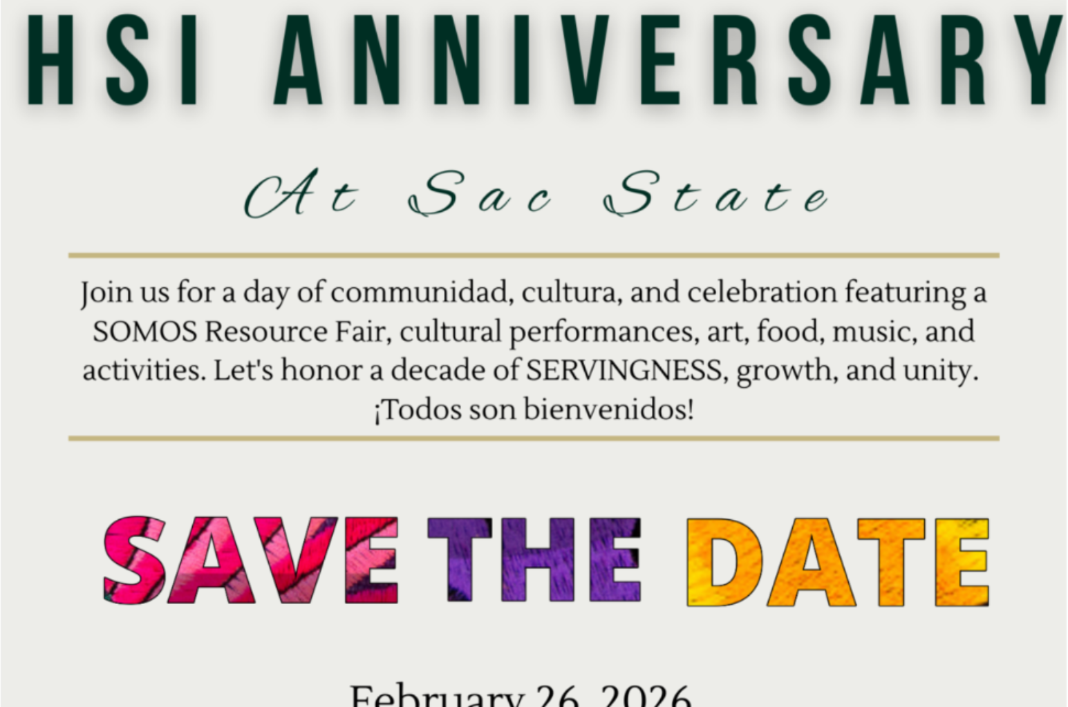 Save the Date Flyer for HSI 10 year anniversary event on February 26th starting at 11am