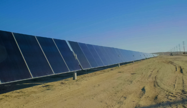 A row of solar panels in Kern County, California