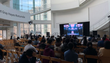 A screening of an AI-generated film submission at the Silicon Valley AI Film Festival.