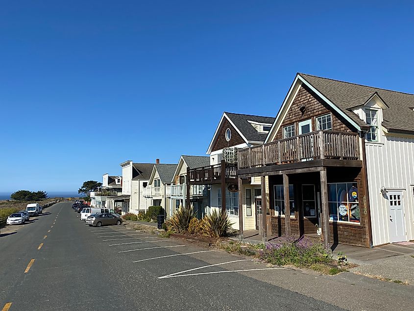 The wood and pastel-siding structures of Main Street Mendocino.
