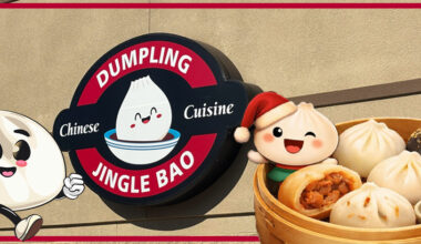 a photo of a sign with illustrated anthropomorphic bao buns