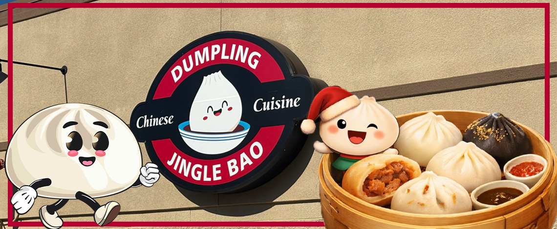 a photo of a sign with illustrated anthropomorphic bao buns