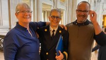 Ken Jones and his wife Helen Horvath pose for a photo with former San Francisco Fire Dept. Chief Jeanine Nicholson.
