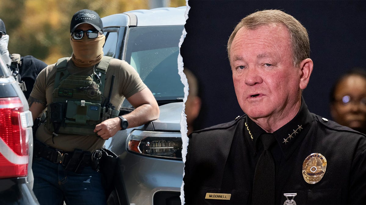 LAPD Chief Jim McConnell and a masked ICE agent.