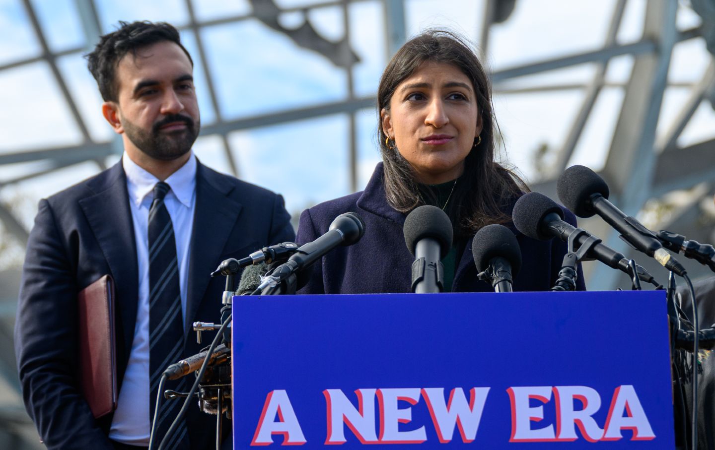 Transition cochair Lina Khan speaks during a press conference at the Unisphere on November 5, 2025, in the Queens borough of New York City.