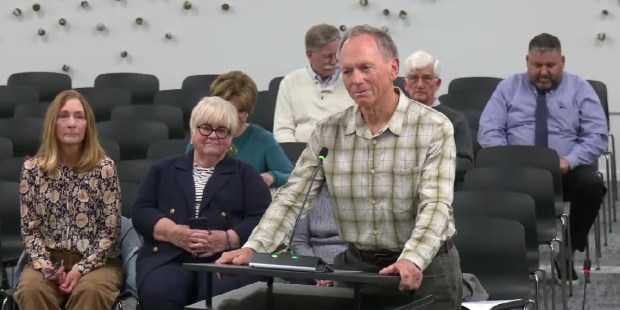 La Jolla resident Michael Maher, who with his wife, Lisa, owns a 1928 cottage at 7320 Fay Ave., addresses the San Diego Historical Resources Board during its Jan. 22 meeting. (Screenshot by Ashley Mackin-Solomon)