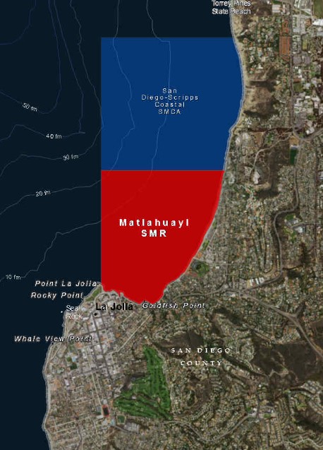 A map shows the Matlahuayl and San Diego-Scripps Coastal marine protected areas off La Jolla. (California Department of Fish and Wildlife)