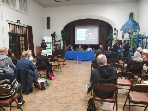 Jordan Harrer of San Diego Fire-Rescue addresses the La Jolla Town Council on Jan. 8 about the city's new "Zone Zero" regulations. (Ashley Mackin-Solomon)