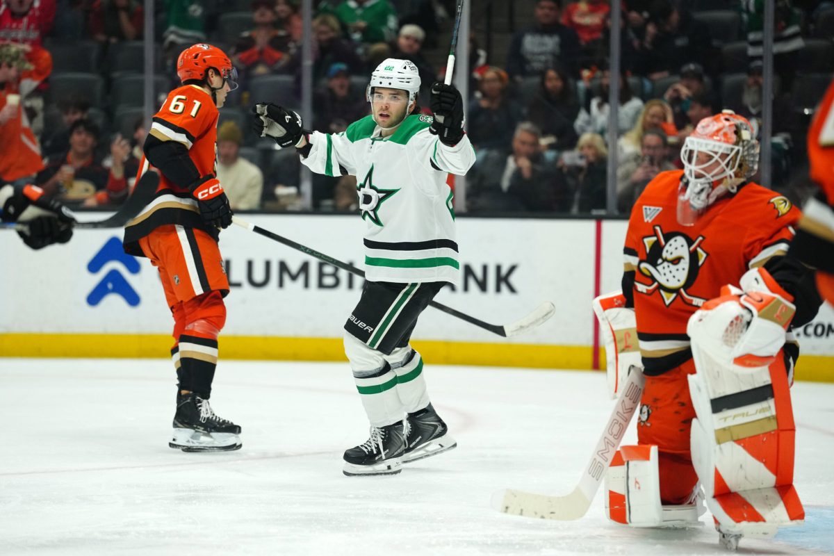 Dec 19, 2025; Anaheim, California, USA; Dallas Stars center Mavrik Bourque (22) celebrates after a goal against the Anaheim Ducks in the first period at Honda Center. Mandatory Credit: Kirby Lee-Imagn Images