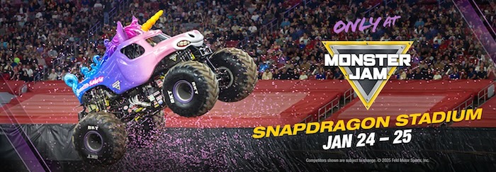Poster advertising a monster truck show at Snapdragon Stadium