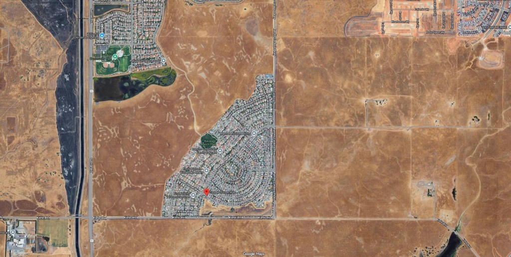 Satellite map of Copper Sunset Way in Rancho Cordova, marked with a red pin.