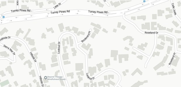 An approximately 10,000-square-foot parcel off Torrey Pines Road between Lookout and Roseland drives in La Jolla has been declared surplus and eligible to be sold by the city of San Diego. (Bing Maps and La Jolla Light)