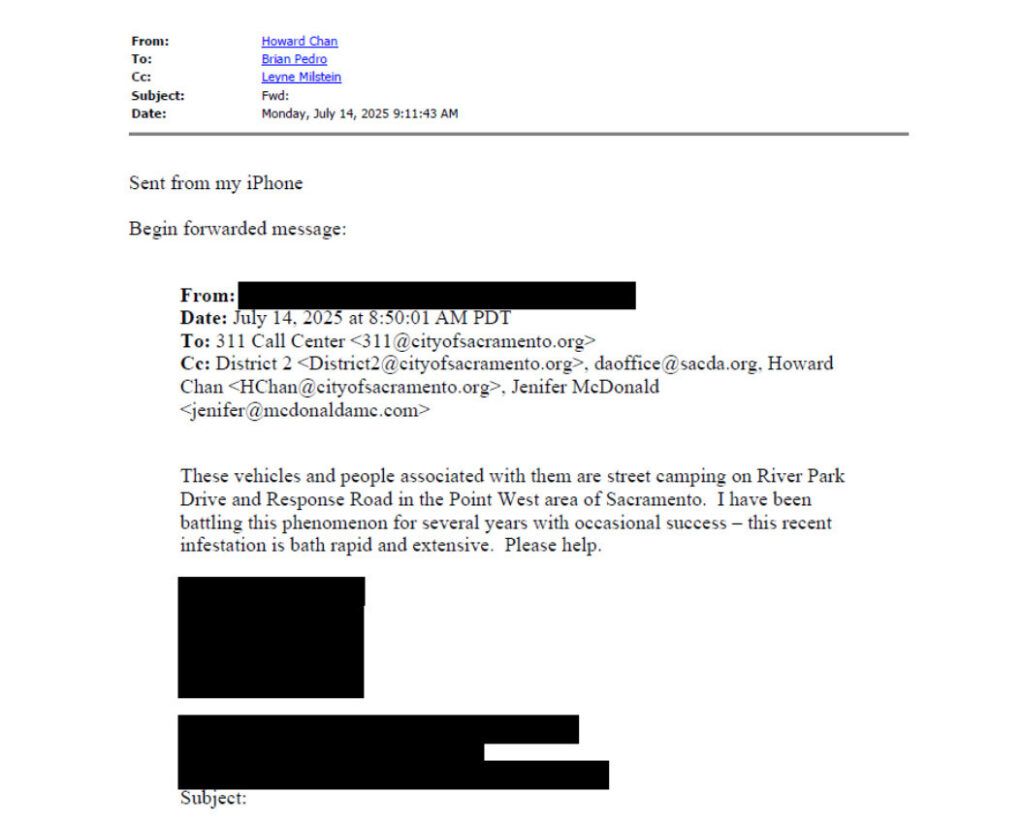 Screenshot of an email that says "sent from my iPhone". A resident emails Chan about street camping on River Park Drive