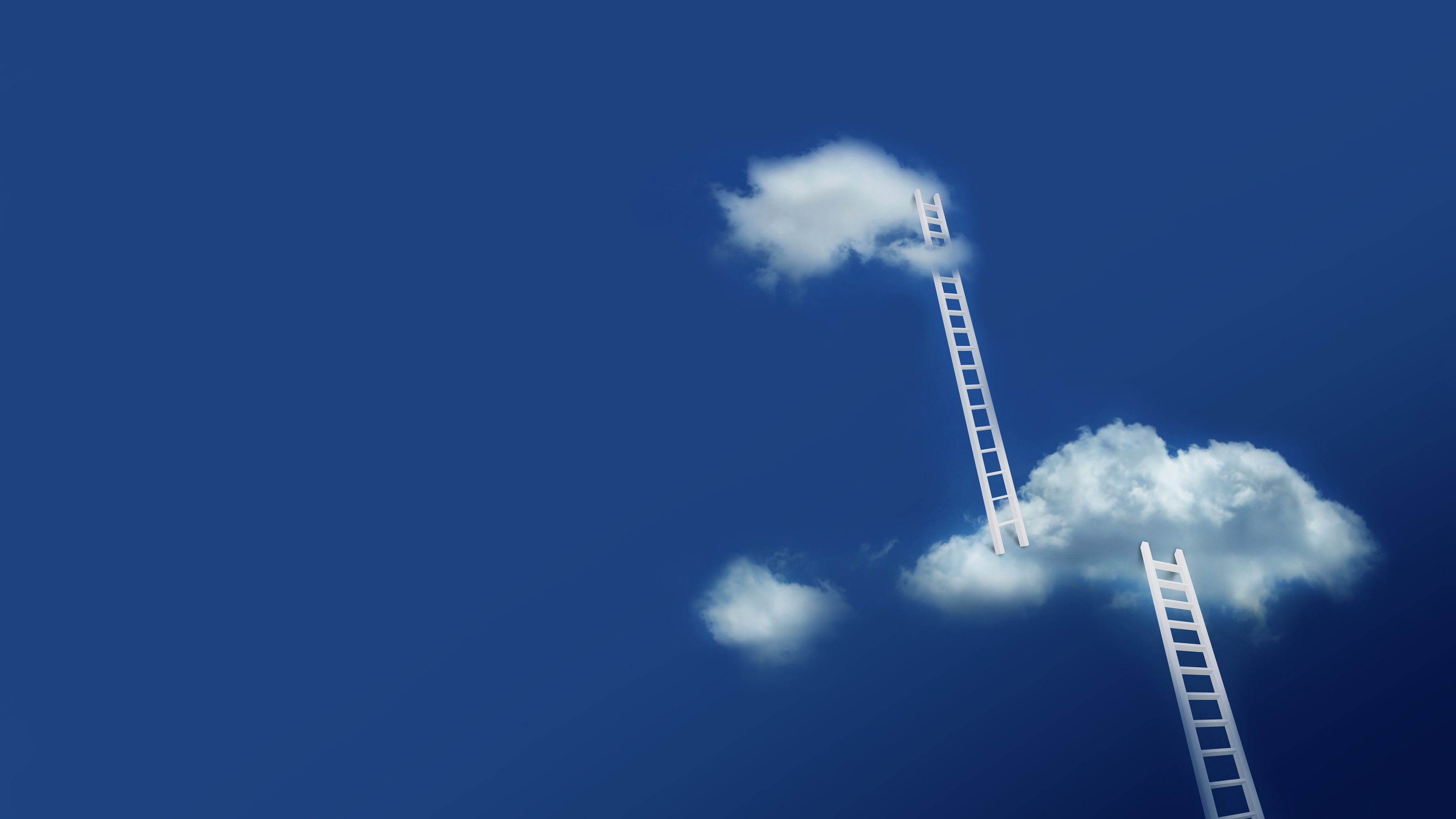Two ladders leading to two clouds against a blue sky.