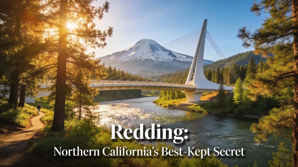 Sundial Bridge in Redding at sunset with Mount Shasta visible in background