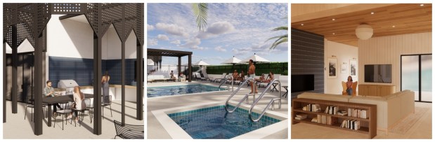 Renderings depict (from left) the Celeste patio, pool and residential lounge. (Provided by Robert Honer)