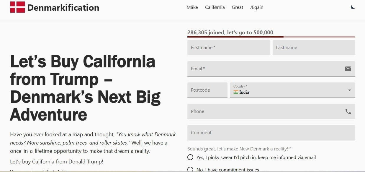 Satiric petition collects signatures for Denmark to buy California from Donald Trump. <u>​</u>