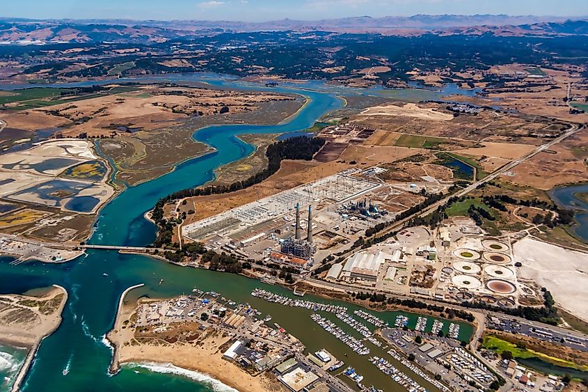 Aerial view on Moss Landing power plant on a sunny summer day.